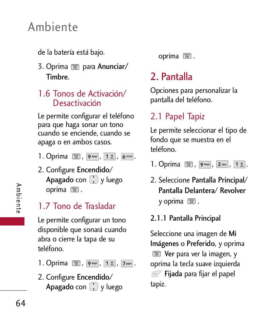 6 tonos de activaci?/ d, 7 tono de trasladar, Pantalla | 1 papel tapiz, 6 tonos de activación, Desactivación 64, Ambiente, 6 tonos de activación/ desactivación | LG 300 User Manual | Page 174 / 226