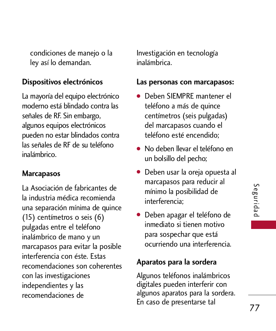 Dispositivos electr?icos, Marcapasos, Las personas con marcapasos | Aparatos para la sordera, Dispositivos electrónicos | LG 300 User Manual | Page 187 / 226