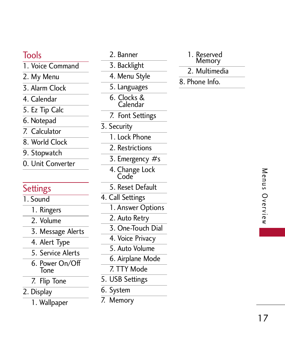 Tools, Settings | LG 300 User Manual | Page 19 / 226