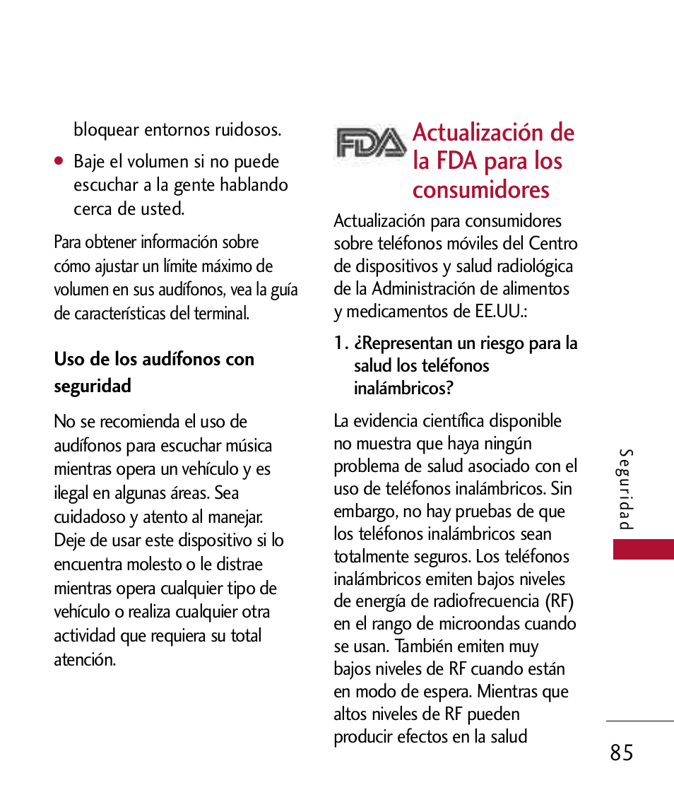 Uso de los aud?onos con se, Actualizaci? de la fda para, Uso de los audífonos con seguridad | Actualización de la fda para los consumidores | LG 300 User Manual | Page 195 / 226