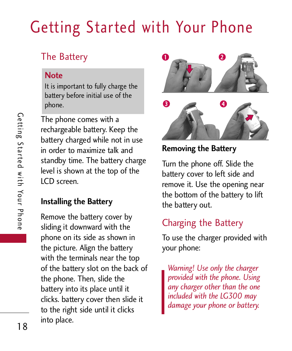 Getting started with your phone, The battery, Installing the battery | Removing the battery, Charging the battery | LG 300 User Manual | Page 20 / 226