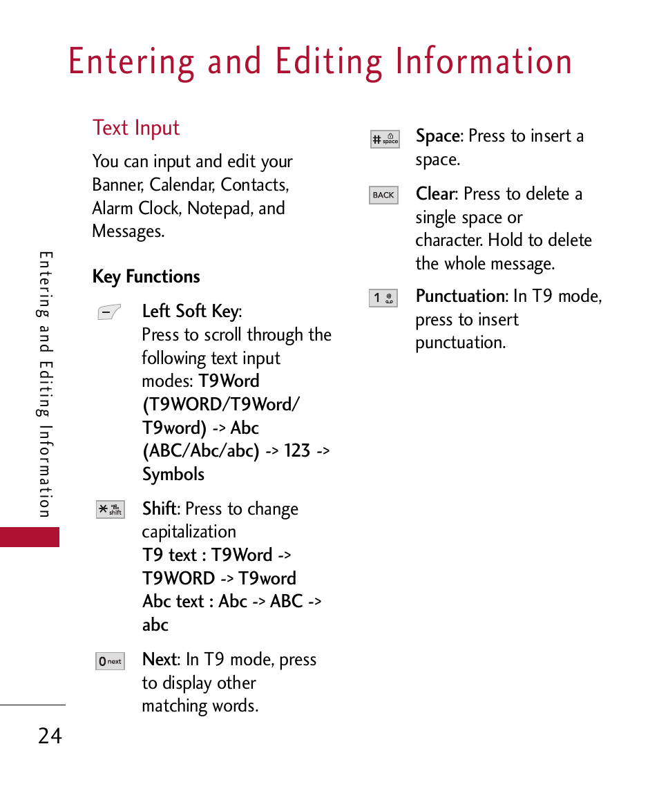 Entering and editing informa, Text input, Key functions | Entering and editing information | LG 300 User Manual | Page 26 / 226