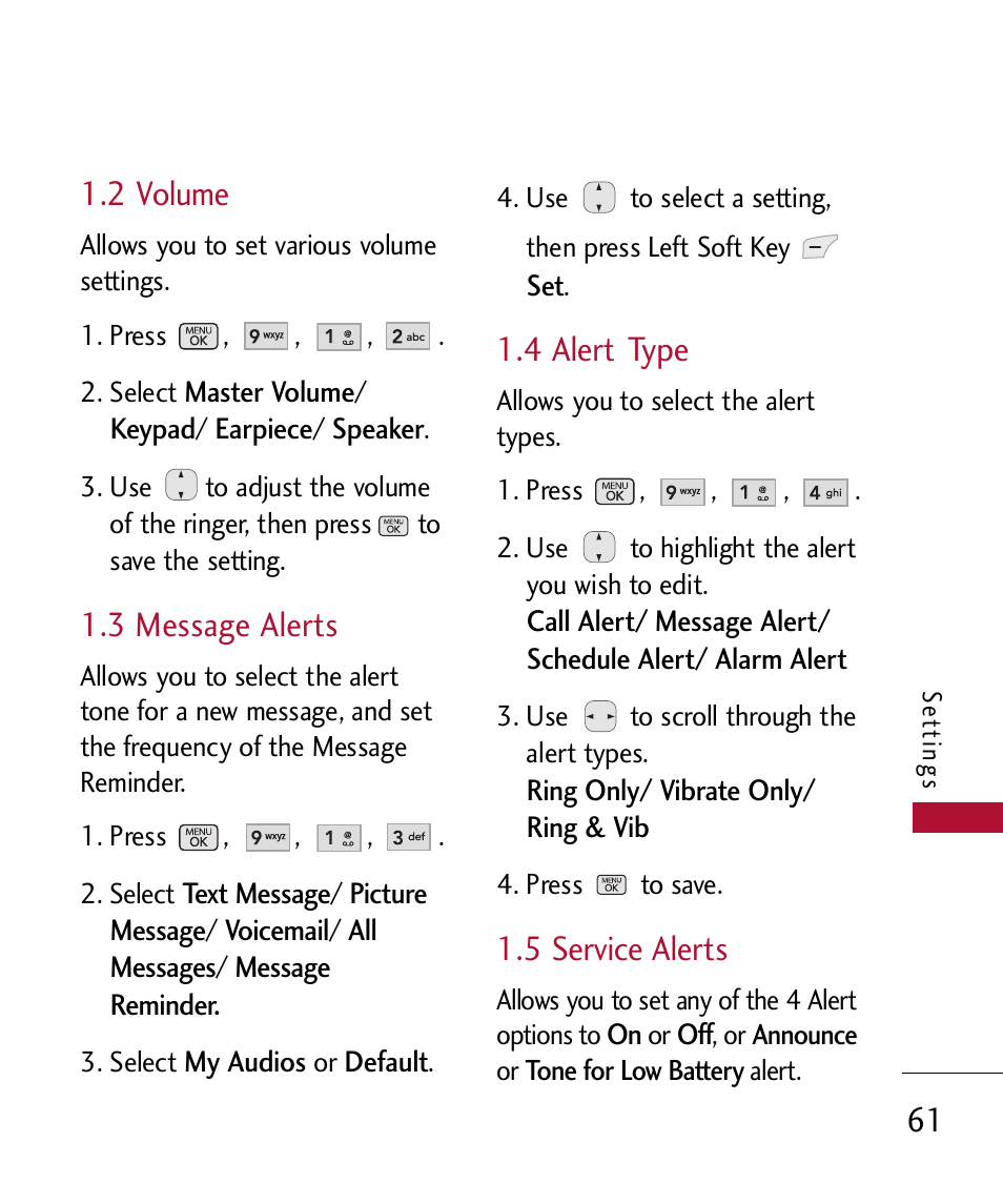 2 volume, 3 message alerts, 4 alert type | 5 service alerts | LG 300 User Manual | Page 63 / 226