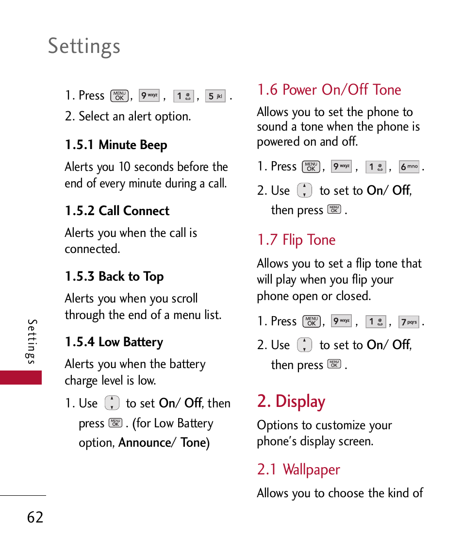 6 power on/off tone, 7 flip tone, Display | 1 wallpaper, Settings | LG 300 User Manual | Page 64 / 226