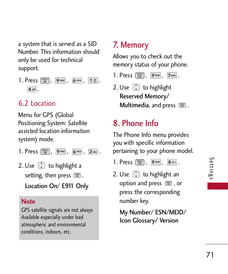 2 location, Memory, Phone info | LG 300 User Manual | Page 73 / 226