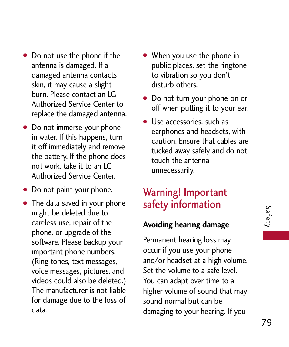 Warning! important safety in, Avoiding hearing damage, Warning! important safety information | LG 300 User Manual | Page 81 / 226