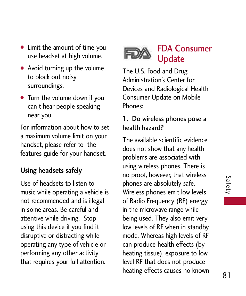 Using headsets safely, Fda consumer update | LG 300 User Manual | Page 83 / 226