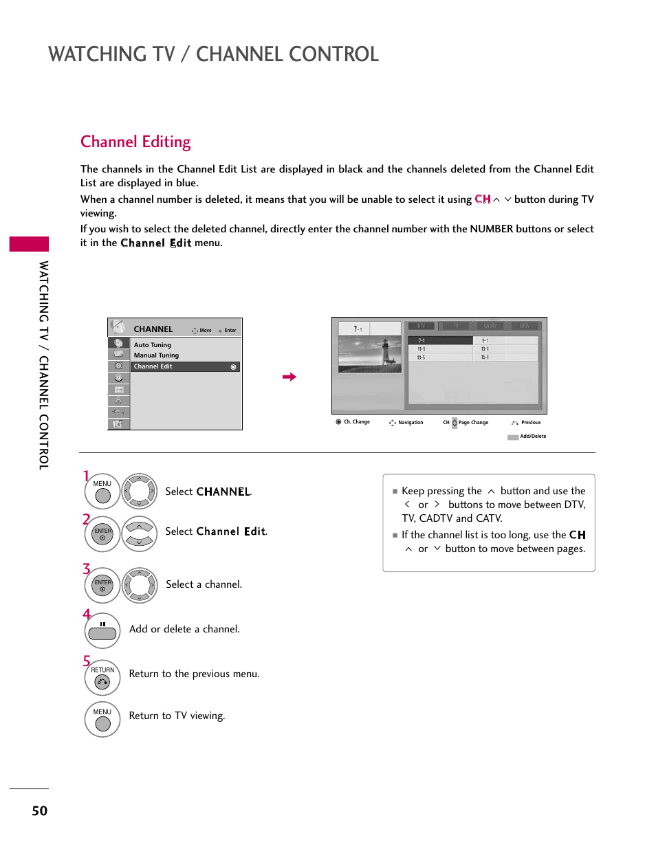 Watching tv / channel control, Channel editing | LG 32CL40 User Manual | Page 50 / 136