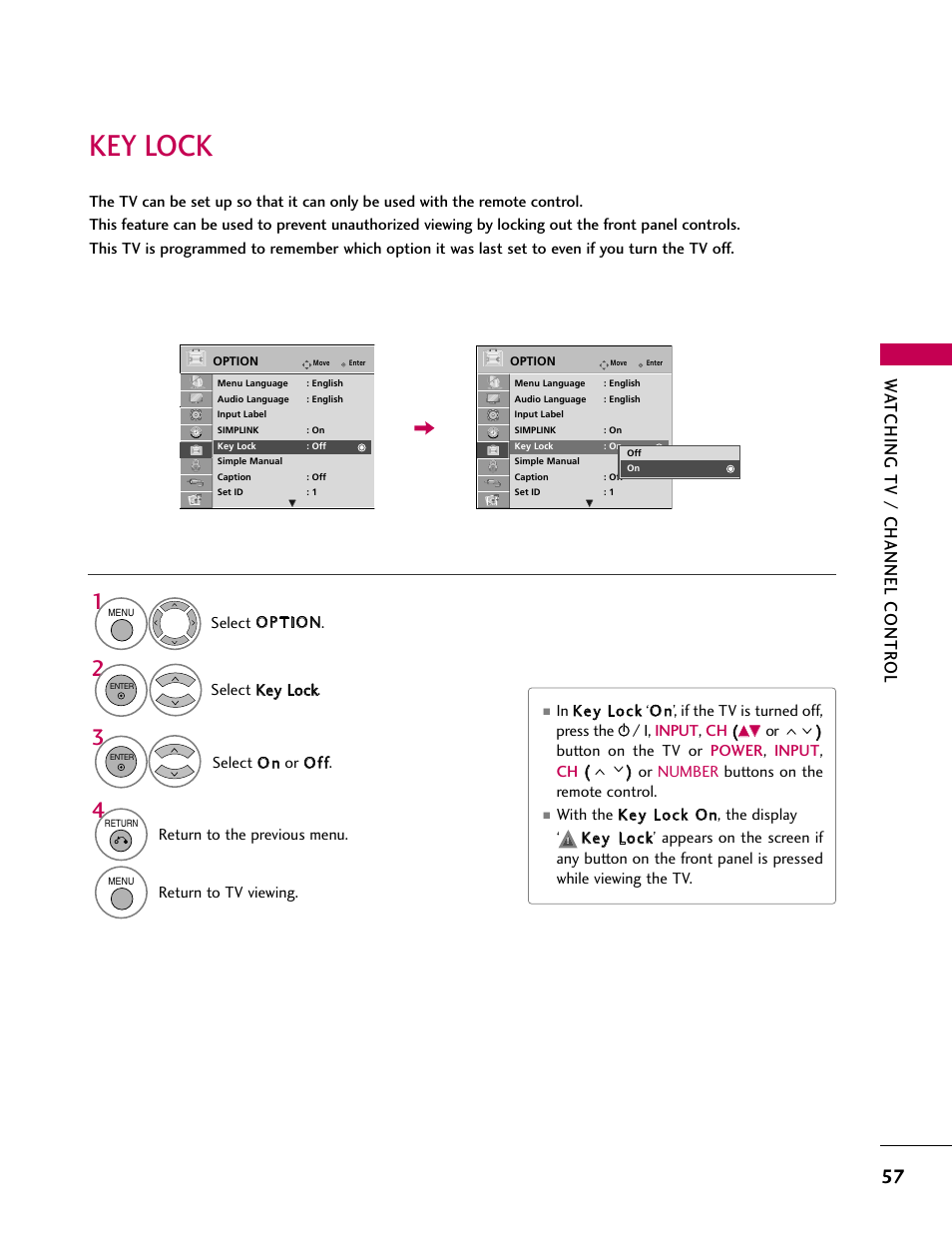 Key lock | LG 32CL40 User Manual | Page 57 / 136