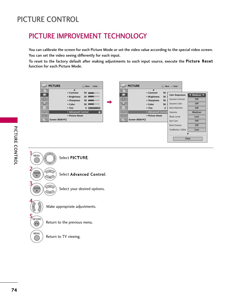 Picture control, Picture improvement technology, Return to the previous menu | Return to tv viewing. make appropriate adjustments | LG 32CL40 User Manual | Page 74 / 136