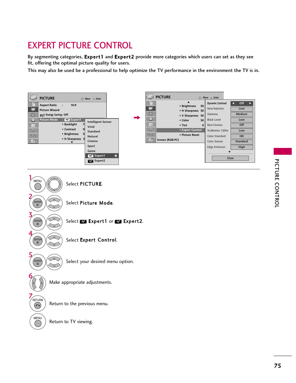 Expert picture control, Make appropriate adjustments, Return to the previous menu | Return to tv viewing, Select your desired menu option | LG 32CL40 User Manual | Page 75 / 136