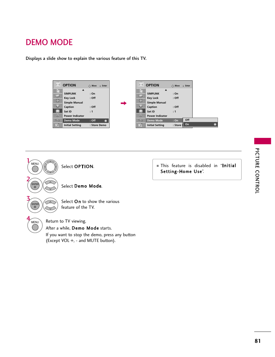 Demo mode, Select option. select demo mode, Select o n to show the various feature of the tv | LG 32CL40 User Manual | Page 81 / 136