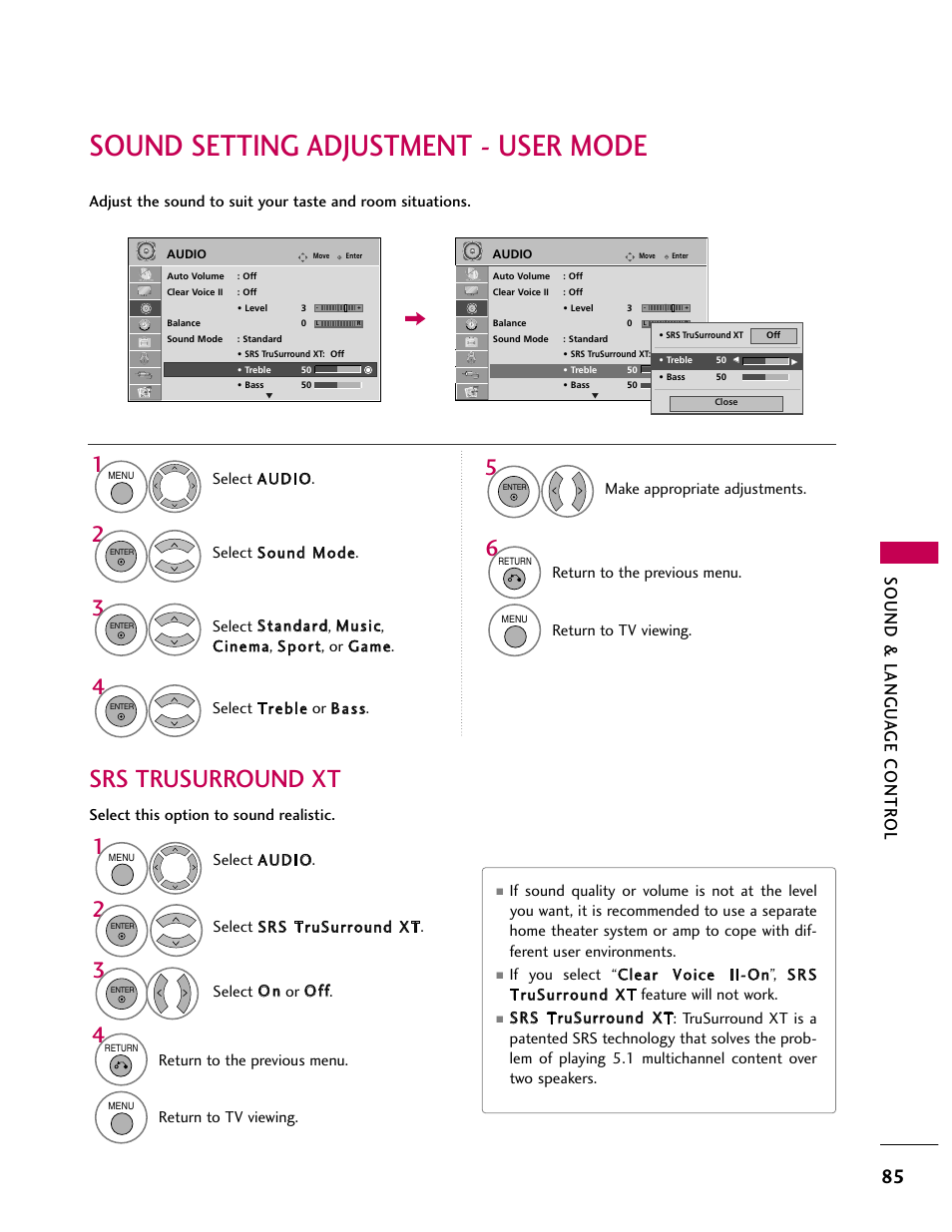 Sound setting adjustment - user mode, Srs trusurround xt | LG 32CL40 User Manual | Page 85 / 136