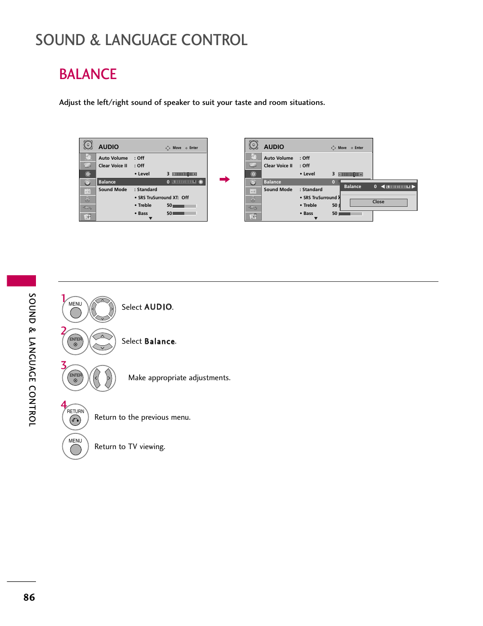 Sound & language control, Balance, Return to the previous menu | Return to tv viewing | LG 32CL40 User Manual | Page 86 / 136