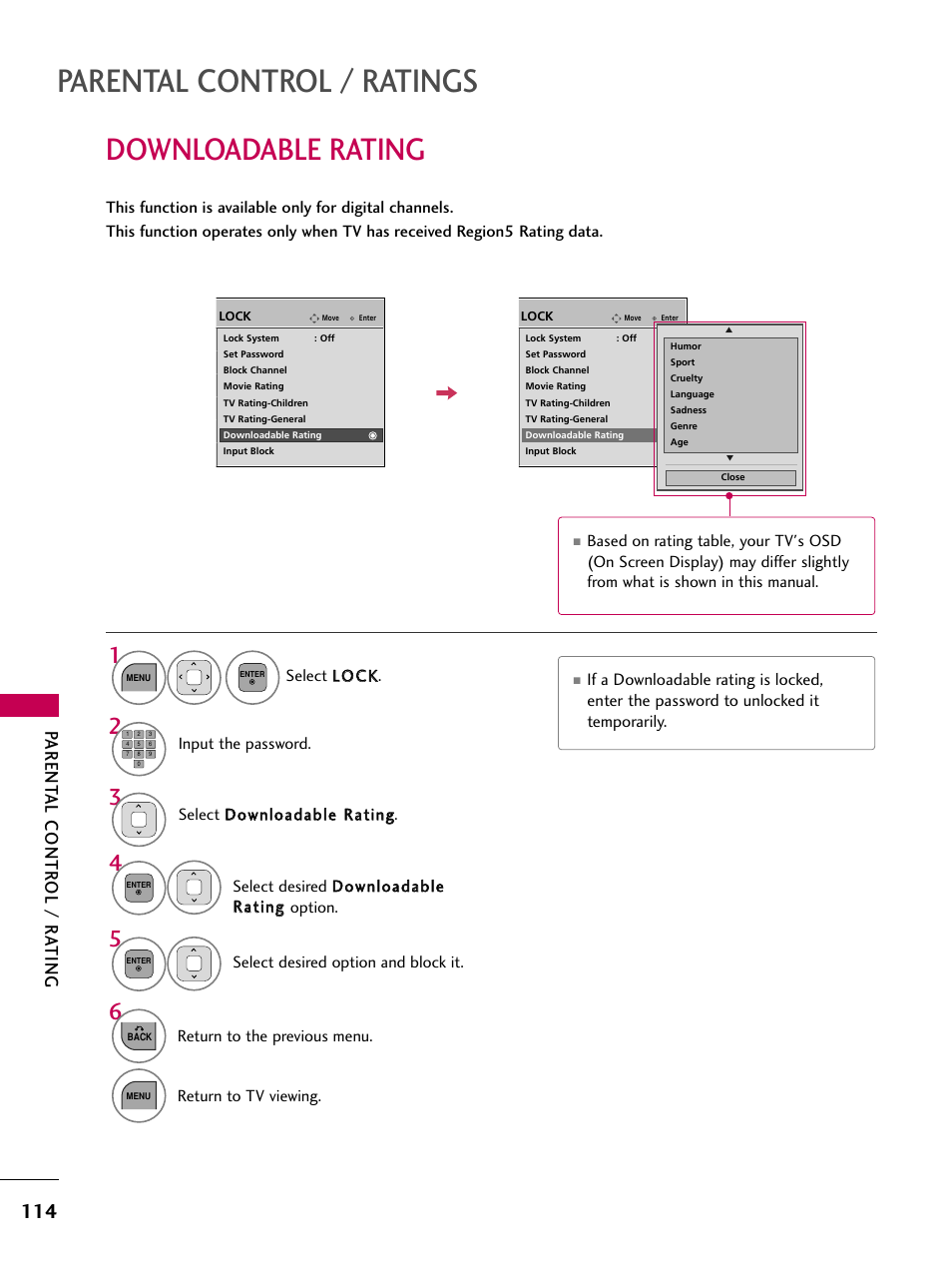 Parental control / ratings, Downloadable rating, Parent al contr ol / r ating | LG 32LD320 User Manual | Page 114 / 142