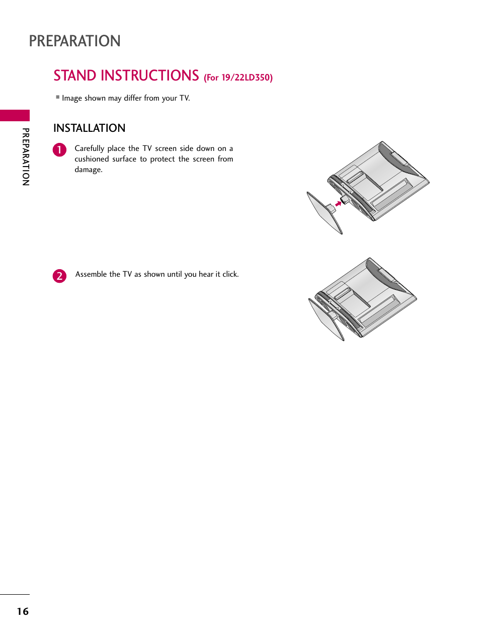 Preparation, Stand instructions, Installation | LG 32LD320 User Manual | Page 16 / 142