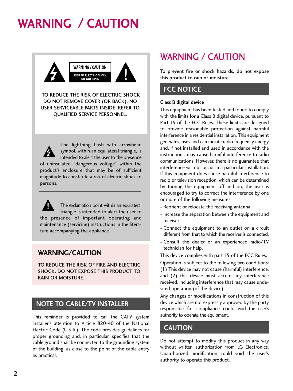 Warning / caution, Warning/caution, Fcc notice | Caution | LG 32LD320 User Manual | Page 2 / 142