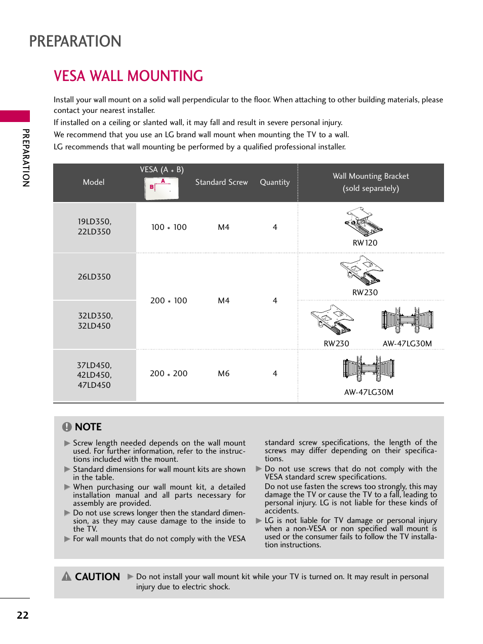 Preparation, Vesa wall mounting, Caution | LG 32LD320 User Manual | Page 22 / 142