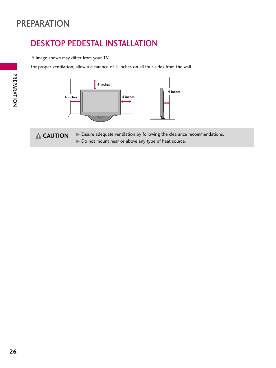 Preparation, Desktop pedestal installation, Caution | LG 32LD320 User Manual | Page 26 / 142