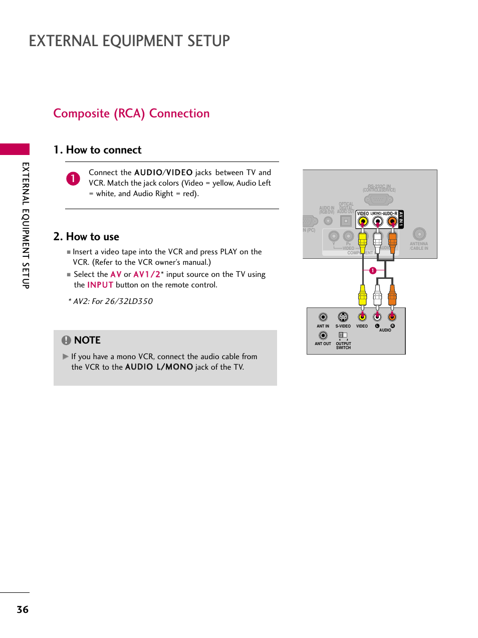 External equipment setup, Composite (rca) connection, How to connect 2. how to use | External eq uipment setup | LG 32LD320 User Manual | Page 36 / 142