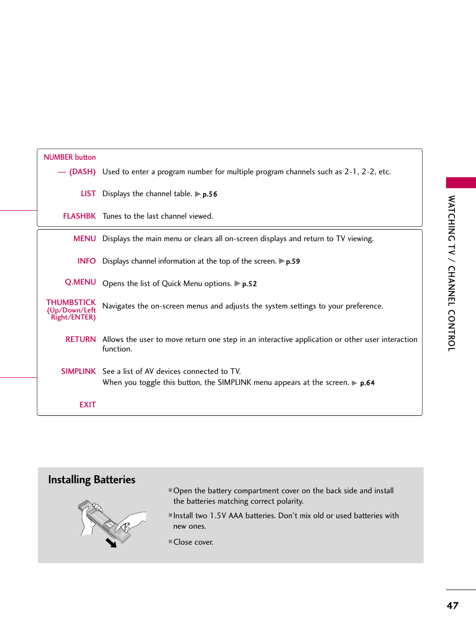 Installing batteries, Watching tv / channel contr ol | LG 32LD320 User Manual | Page 47 / 142