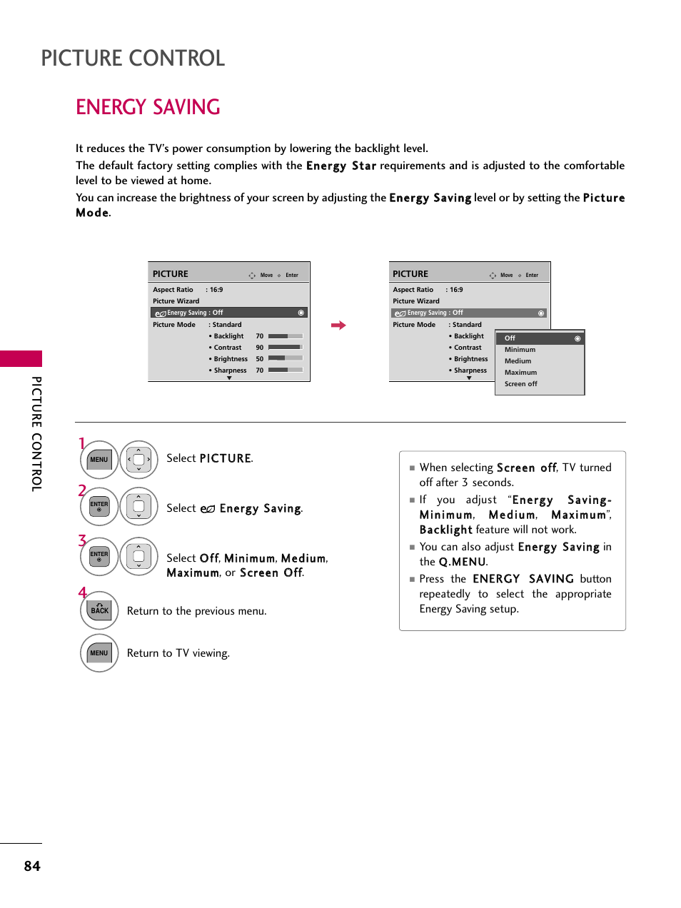 Picture control, Energy saving, Picture contr ol | LG 32LD320 User Manual | Page 84 / 142