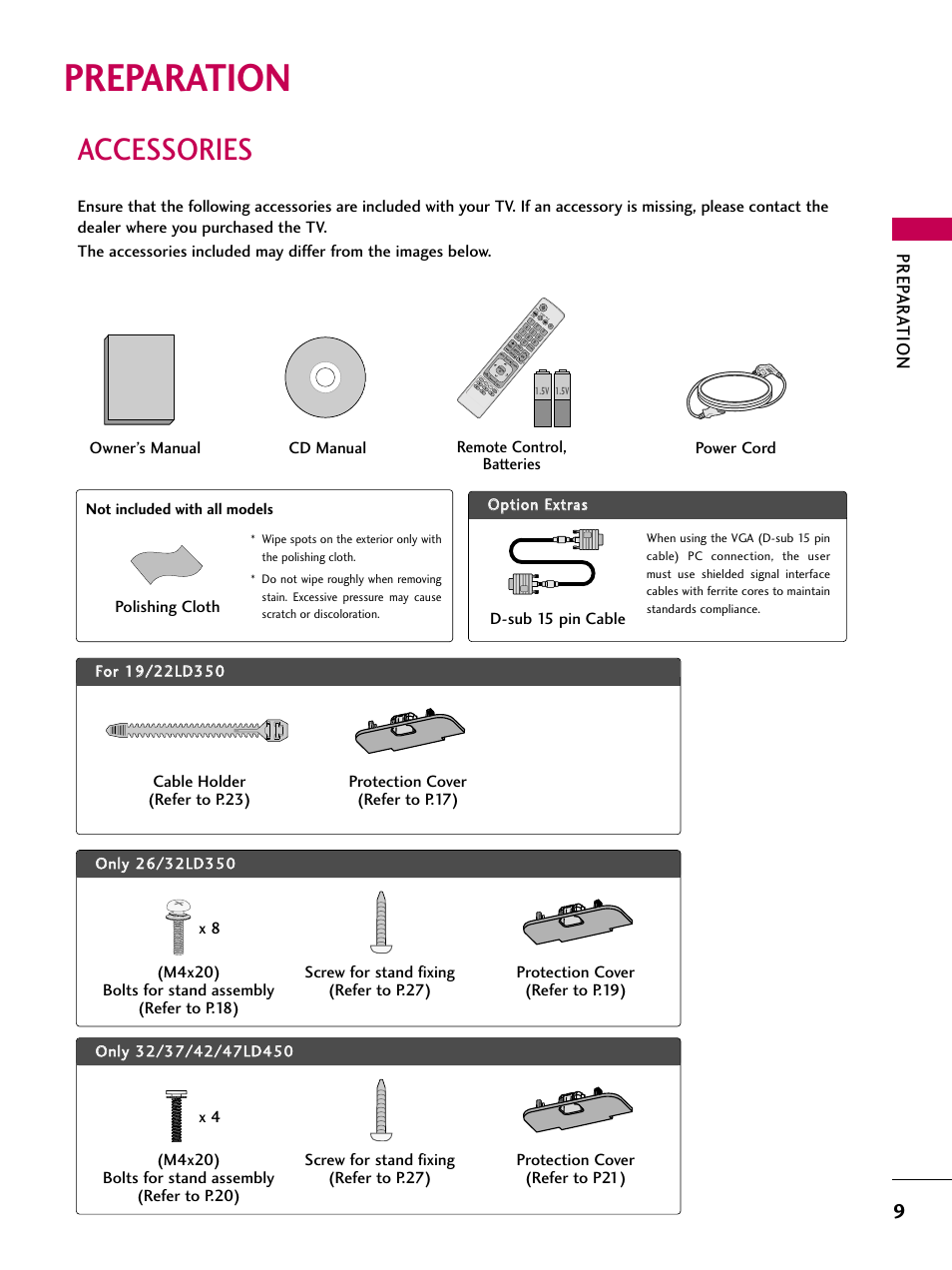 Preparation, Accessories, Prep ar at ion | LG 32LD320 User Manual | Page 9 / 142