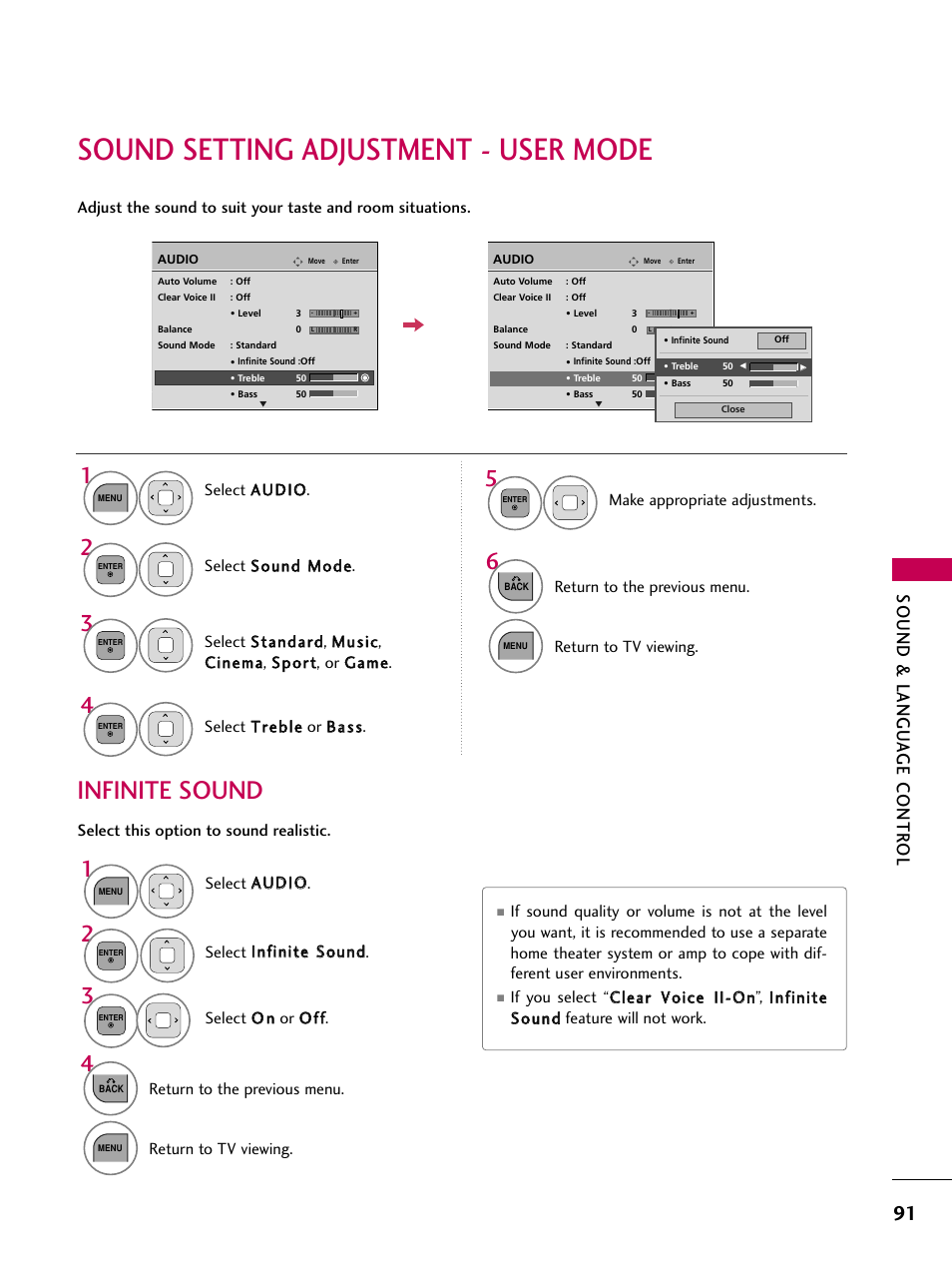 Sound setting adjustment - user mode, Infinite sound, Sound & langu a ge contr ol | LG 32LD320 User Manual | Page 91 / 142