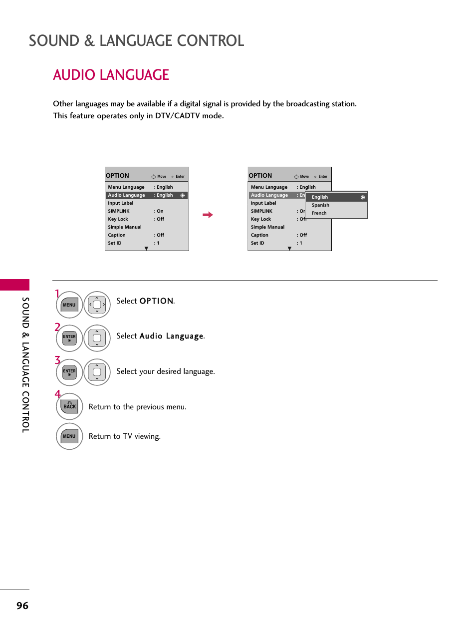 Sound & language control, Audio language, Sound & langu a ge contr ol | LG 32LD320 User Manual | Page 96 / 142