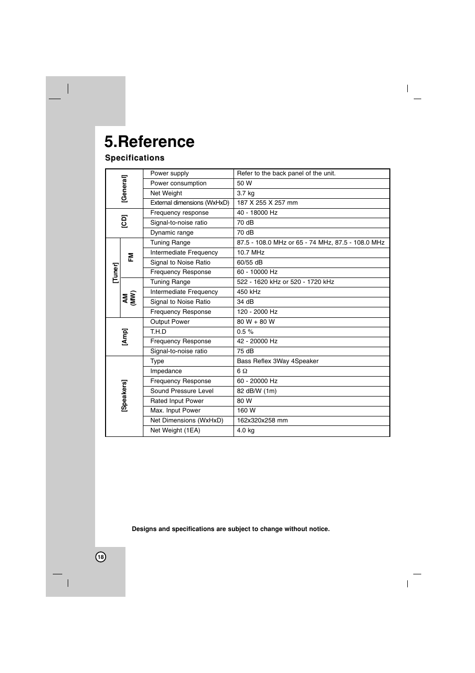 Reference, Specifications | LG LFS-U850 User Manual | Page 18 / 19