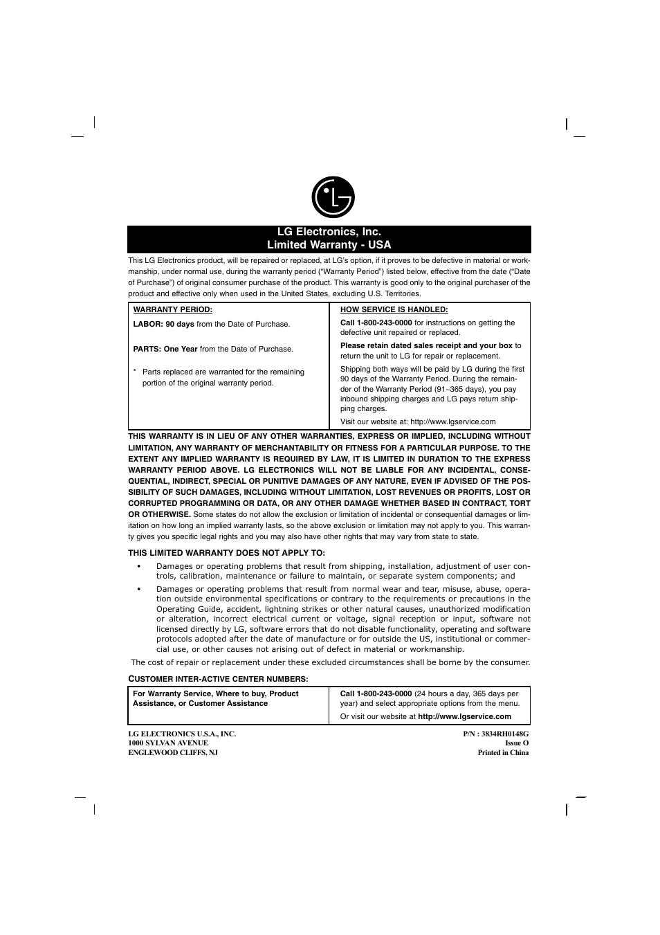 Lg electronics, inc. limited warranty - usa | LG LFS-U850 User Manual | Page 19 / 19