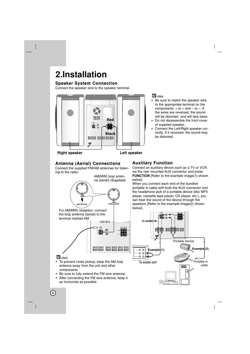 Installation, Antenna, Antenna (aerial) connections (aerial) connections | Speaker, Speaker system system connection connection, Auxiliary, Auxiliary function function, Black red left speaker right speaker | LG LFS-U850 User Manual | Page 8 / 19