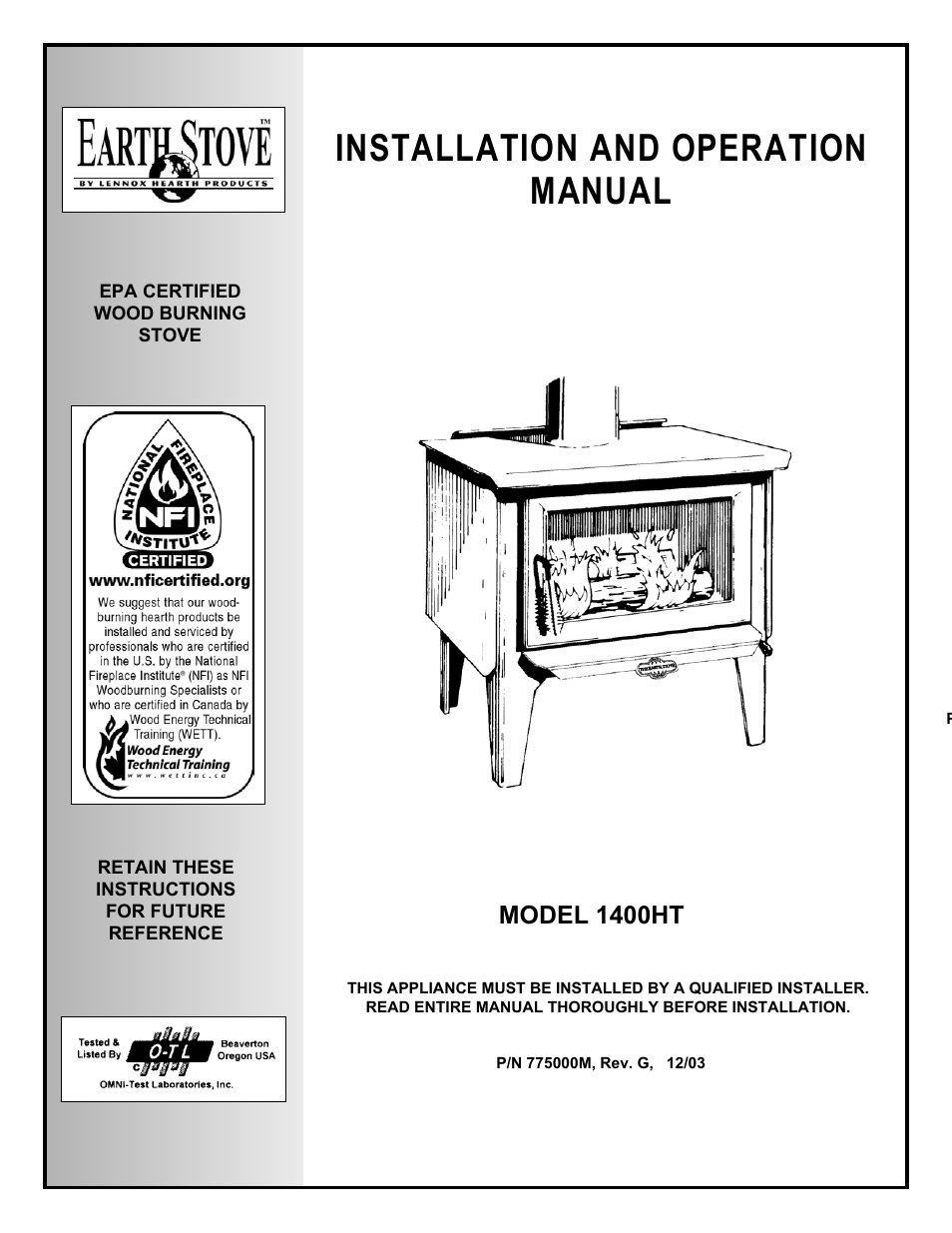 Lennox Hearth EARTHSTOVE 1400HT User Manual | 26 pages