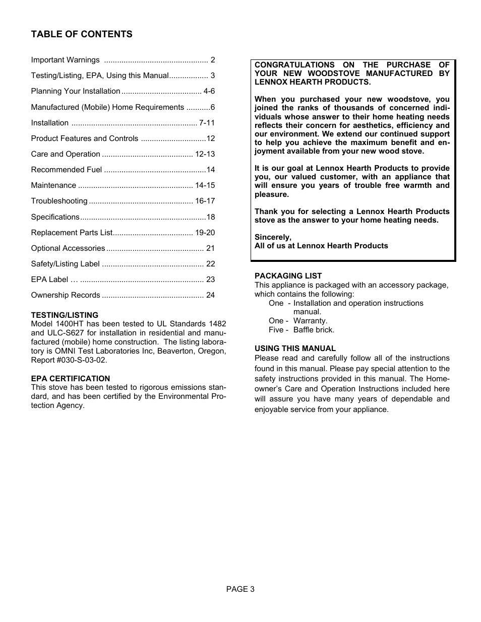 Lennox Hearth EARTHSTOVE 1400HT User Manual | Page 3 / 26