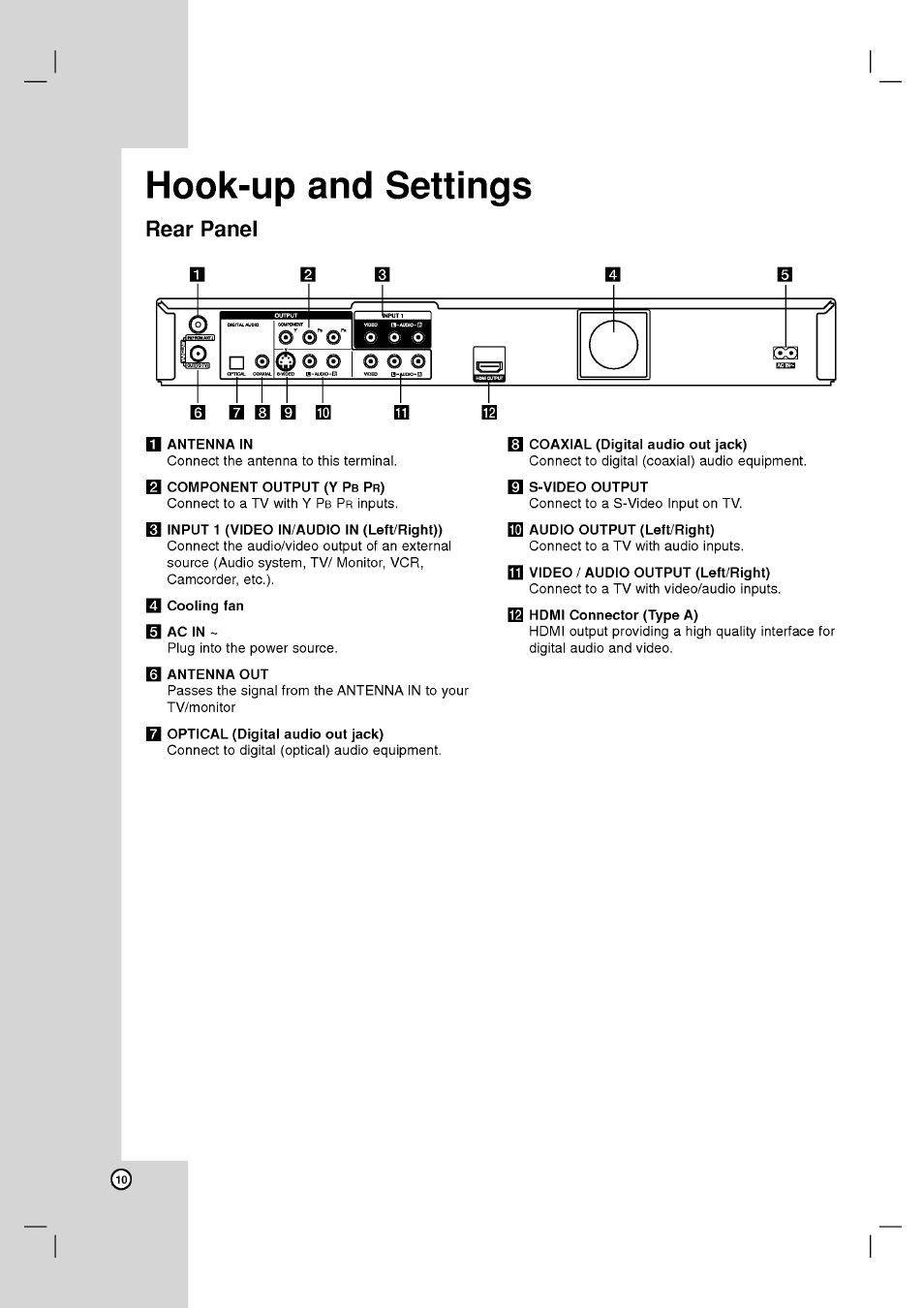 Hook-up and settings, Rear panel, Antenna in | B component output (y pb pr), B ac in, Antenna out, Q coaxial (digital audio out jack), S-video output, Hook-up and settings -26 | LG RH2T160 User Manual | Page 10 / 41