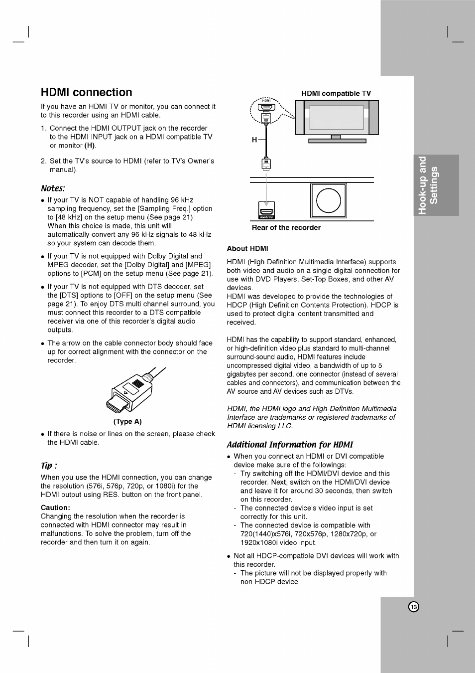 Hdmi connection, Notes, Caution | About hdmi, Adclitionai information for hdmi, Rdm i connection | LG RH2T160 User Manual | Page 13 / 41