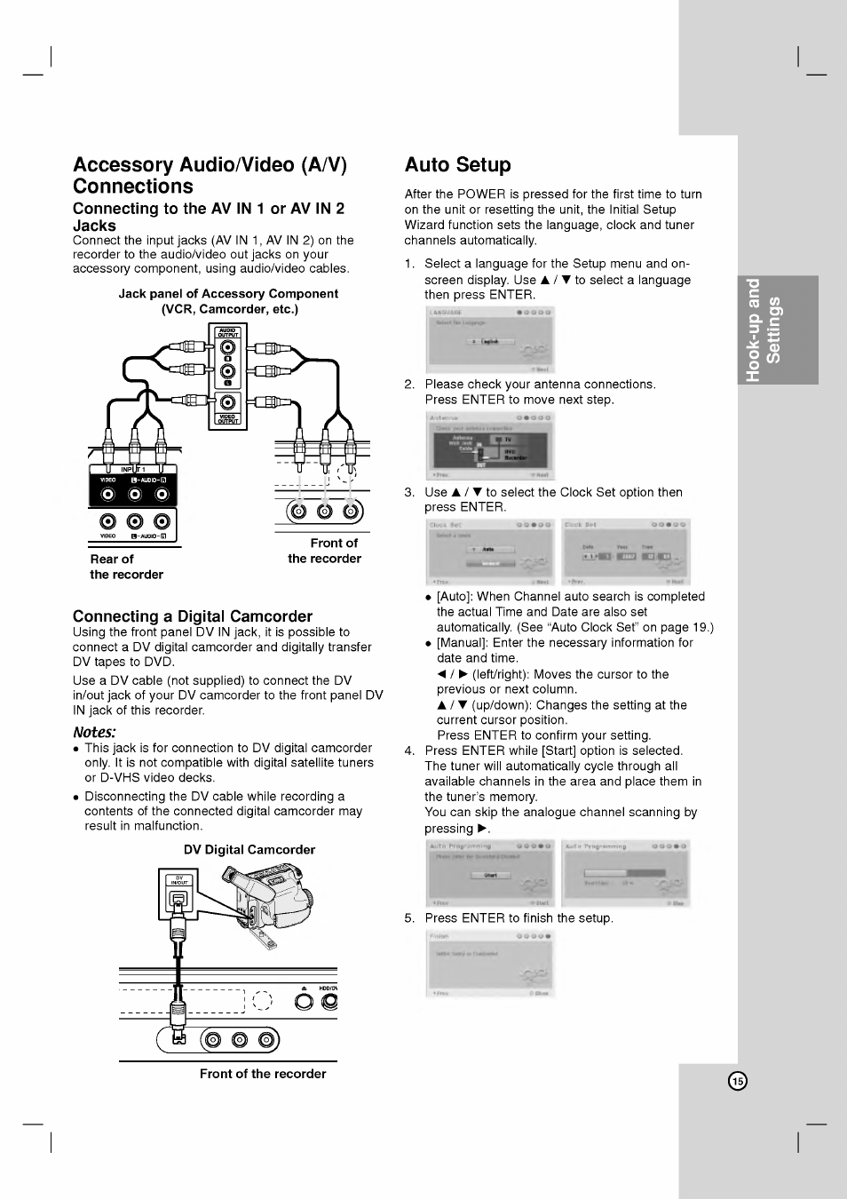 Accessory audio/video (a/v) connections, Connecting to the av in 1 or av in 2 jacks, Auto setup | Connecting a digital camcorder, Notes, Accessory audio/video (aa/) connections auto setup | LG RH2T160 User Manual | Page 15 / 41