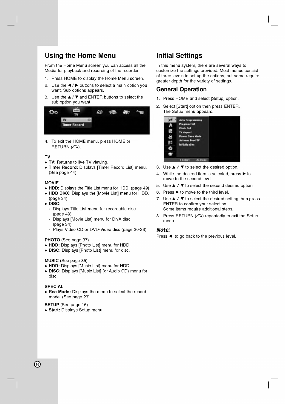 Using the home menu, Movie, Disc | Special, Initial settings, Using the home menu initial settings, Nate, General operation | LG RH2T160 User Manual | Page 16 / 41