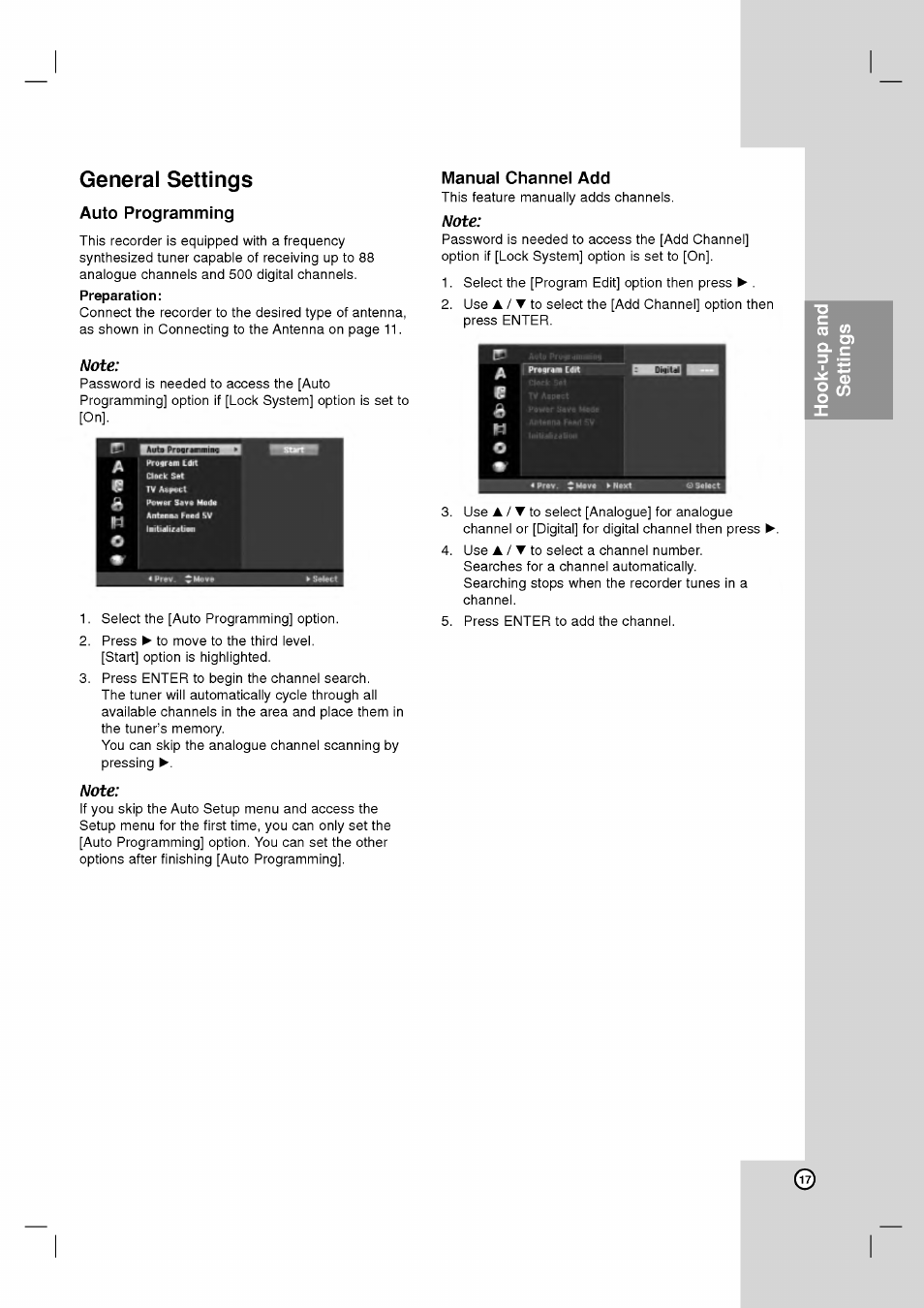 General settings, Auto programming, Note | Manual channel add, General settings -20 | LG RH2T160 User Manual | Page 17 / 41