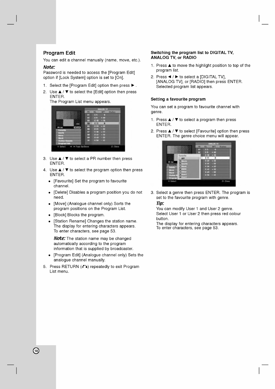 Program edit, Note, Setting a favourite program | Program edit -19 | LG RH2T160 User Manual | Page 18 / 41