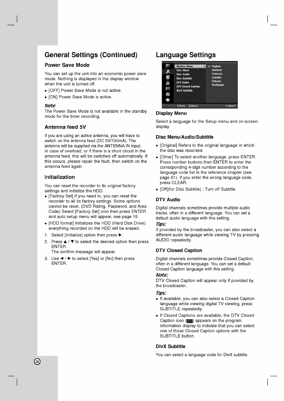 General settings (continued), Power save mode, Note | Antenna feed 5v, Initialization, Language settings, Tips | LG RH2T160 User Manual | Page 20 / 41