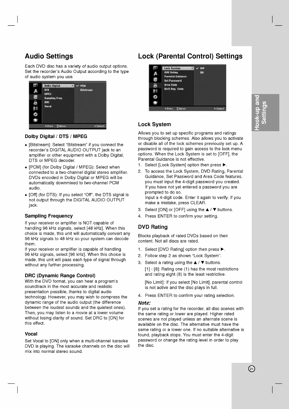 Lock (parentai controi) settings, Lock system, Dvd rating | Note, Lock (parental control) settings -22, Lock system dvd rating, Audio settings lock (parentai controi) settings | LG RH2T160 User Manual | Page 21 / 41