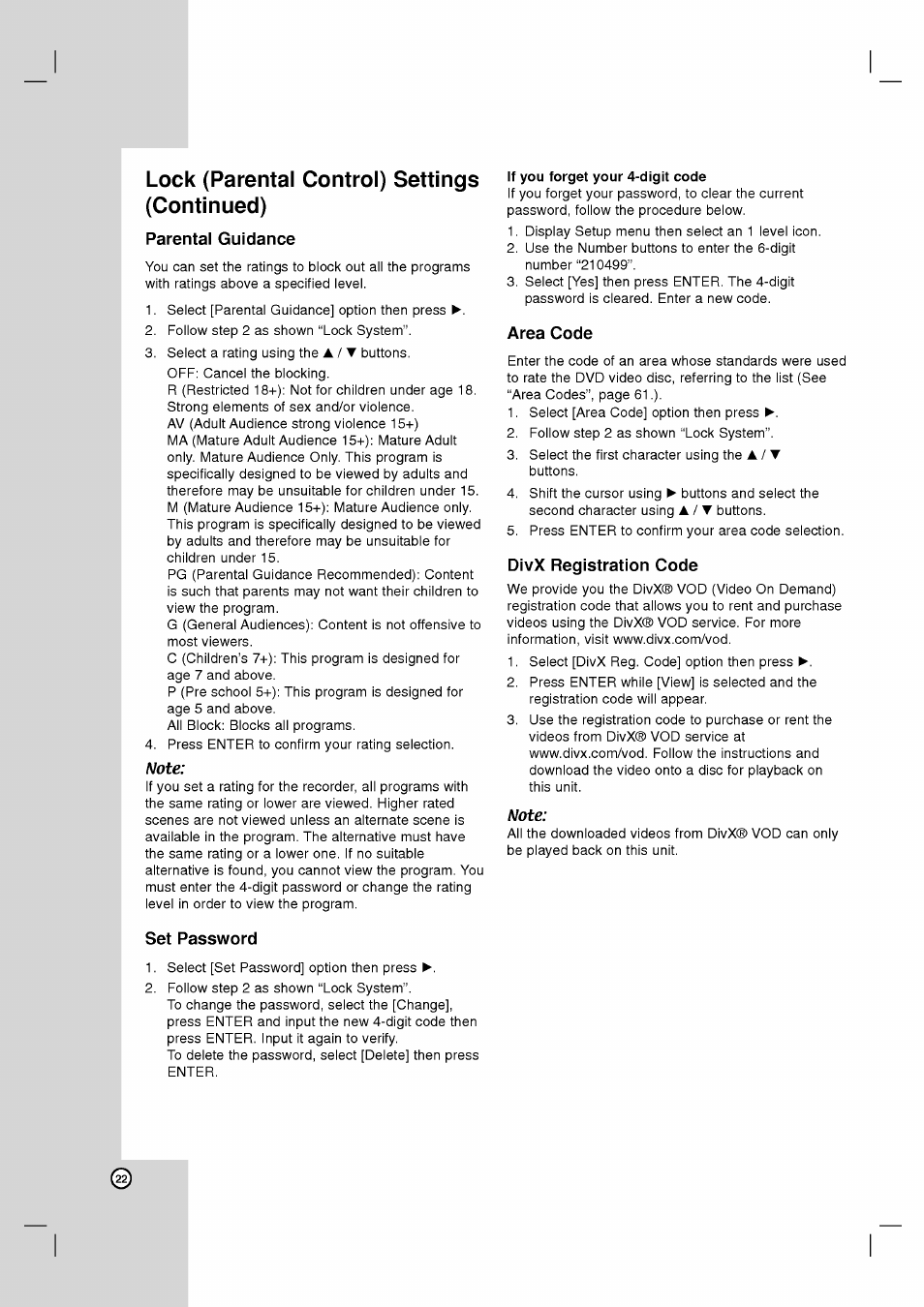 Lock (parental control) settings (continued), Parental guidance, Note | Set password, If you forget your 4-digit code, Area code, Divx registration code, Set password area code | LG RH2T160 User Manual | Page 22 / 41