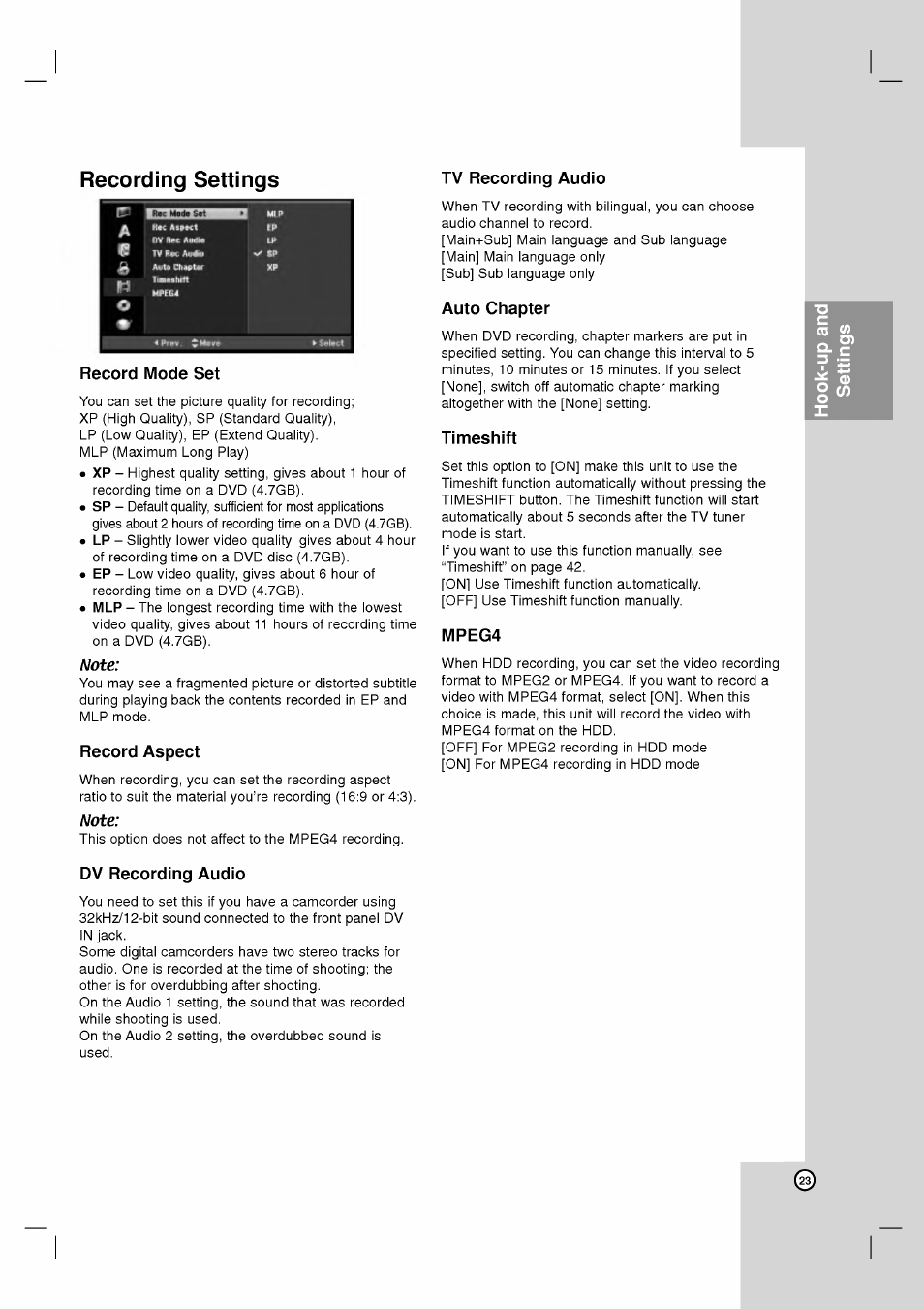 Record mode set, Note, Record aspect | Auto chapter, Timeshift, Mpeg4, Dv recording audio, Recording settings | LG RH2T160 User Manual | Page 23 / 41