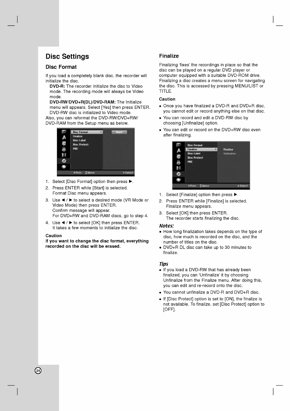 Disc format, Caution, Notes | Tips, Disc settings | LG RH2T160 User Manual | Page 24 / 41