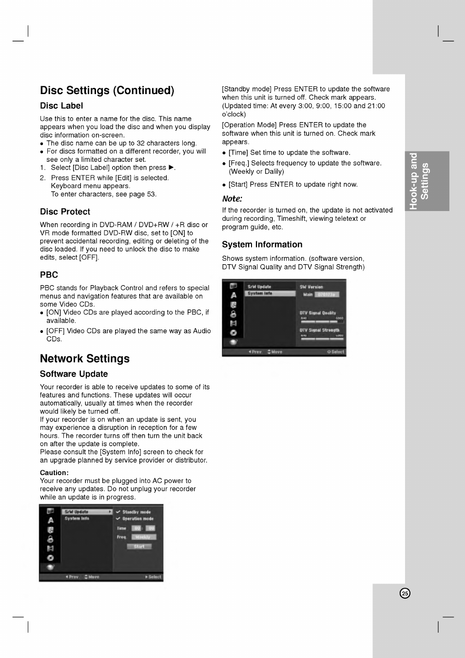 Disc settings (continued), Disc label, Disc protect | Note, System information, Network settings, Software update, Caution, Software update system information | LG RH2T160 User Manual | Page 25 / 41