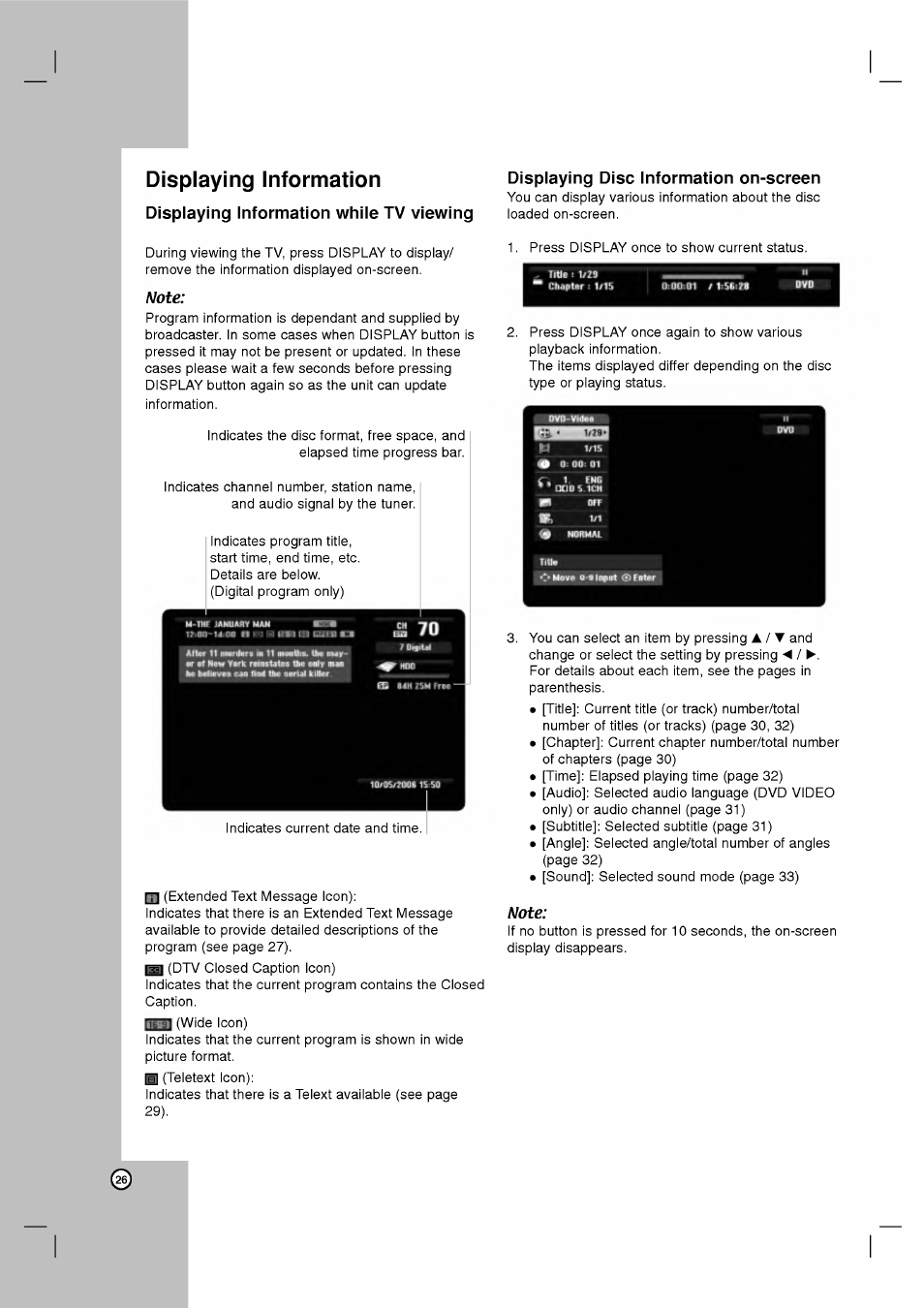 Displaying information, Displaying information while tv viewing, Note | Displaying disc information on-screen, Is 70 | LG RH2T160 User Manual | Page 26 / 41