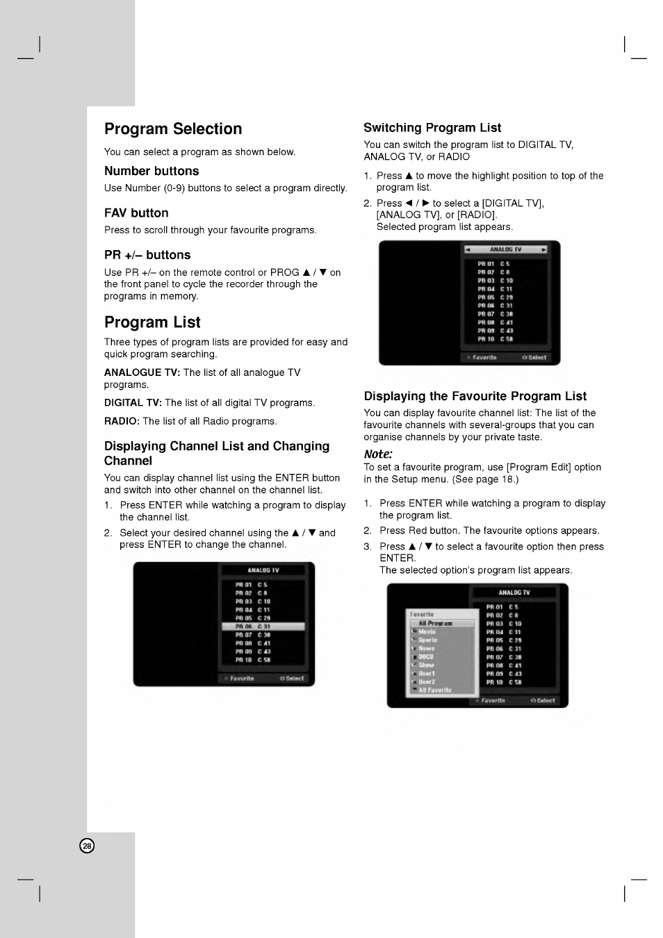 Program selection, Number buttons, Fav button | Pr +/- buttons, Program list, Displaying channel list and changing channel, Switching program list, Dispiaying the favourite program list, Note, Program selection program list | LG RH2T160 User Manual | Page 28 / 41