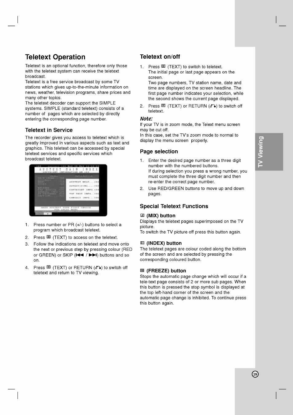 Teletext operation, Teletext in service, Note | Special teletext functions m (mix) button, En (index) button, Us (freeze) button, Teletext on/off | LG RH2T160 User Manual | Page 29 / 41