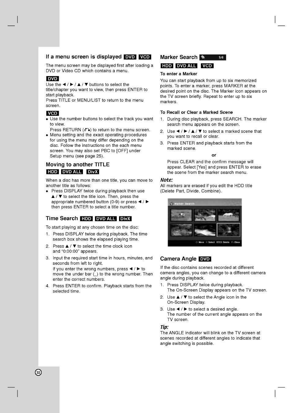 If a menu screen is displayed, Marker search q, Moving to another title | Nm fpiiiiwi usb, Time search niili, Dvd all, To enter a marker, To recall or clear a marked scene, Note, Camera angle iiivu | LG RH2T160 User Manual | Page 32 / 41